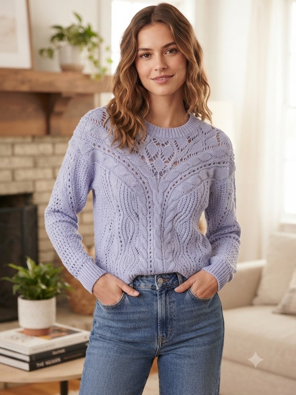 Lucky Brand Lavender Openwork Cable Knit Crewneck Sweater